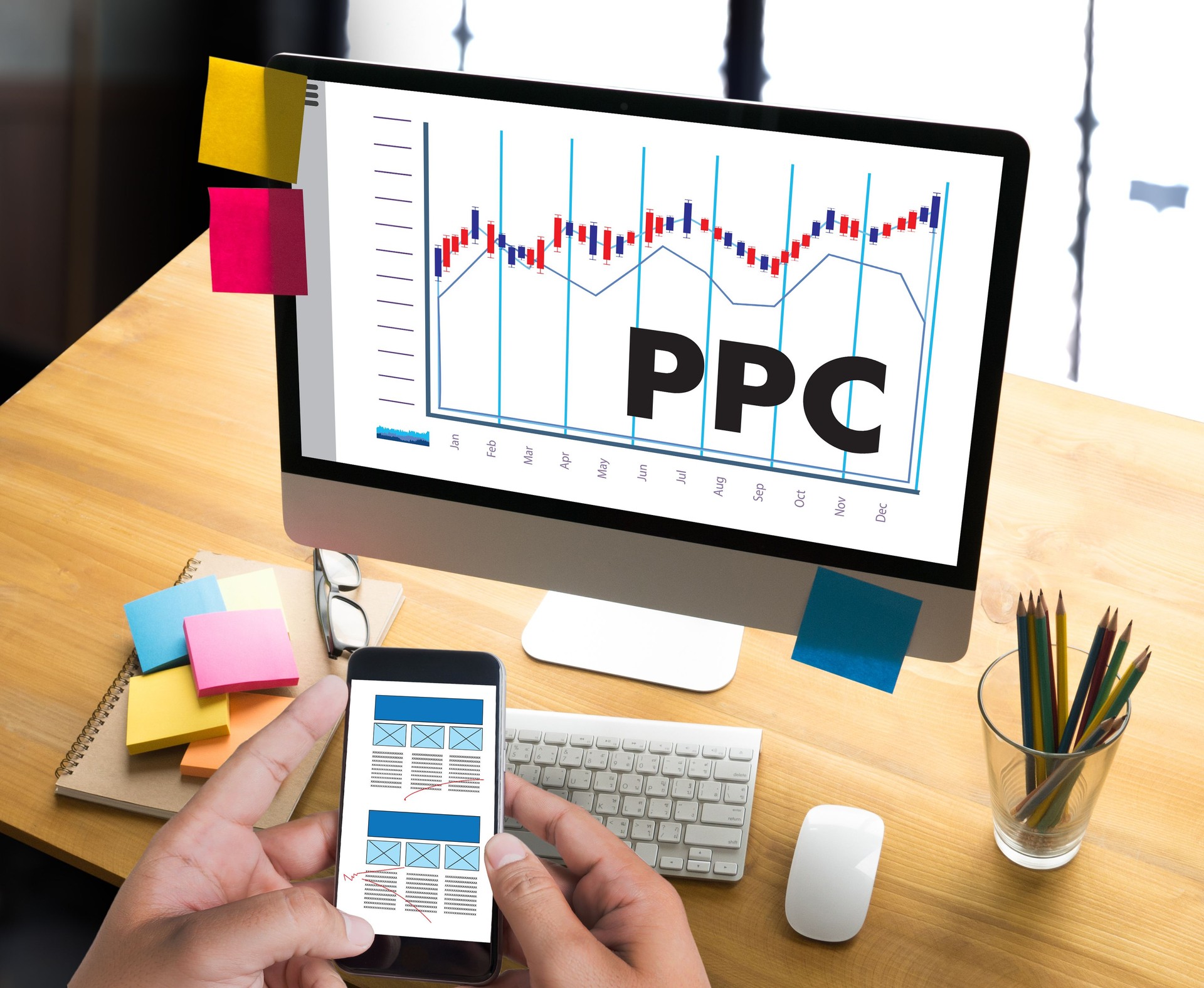 PPC - Pay Per Click concept Businessman working concept