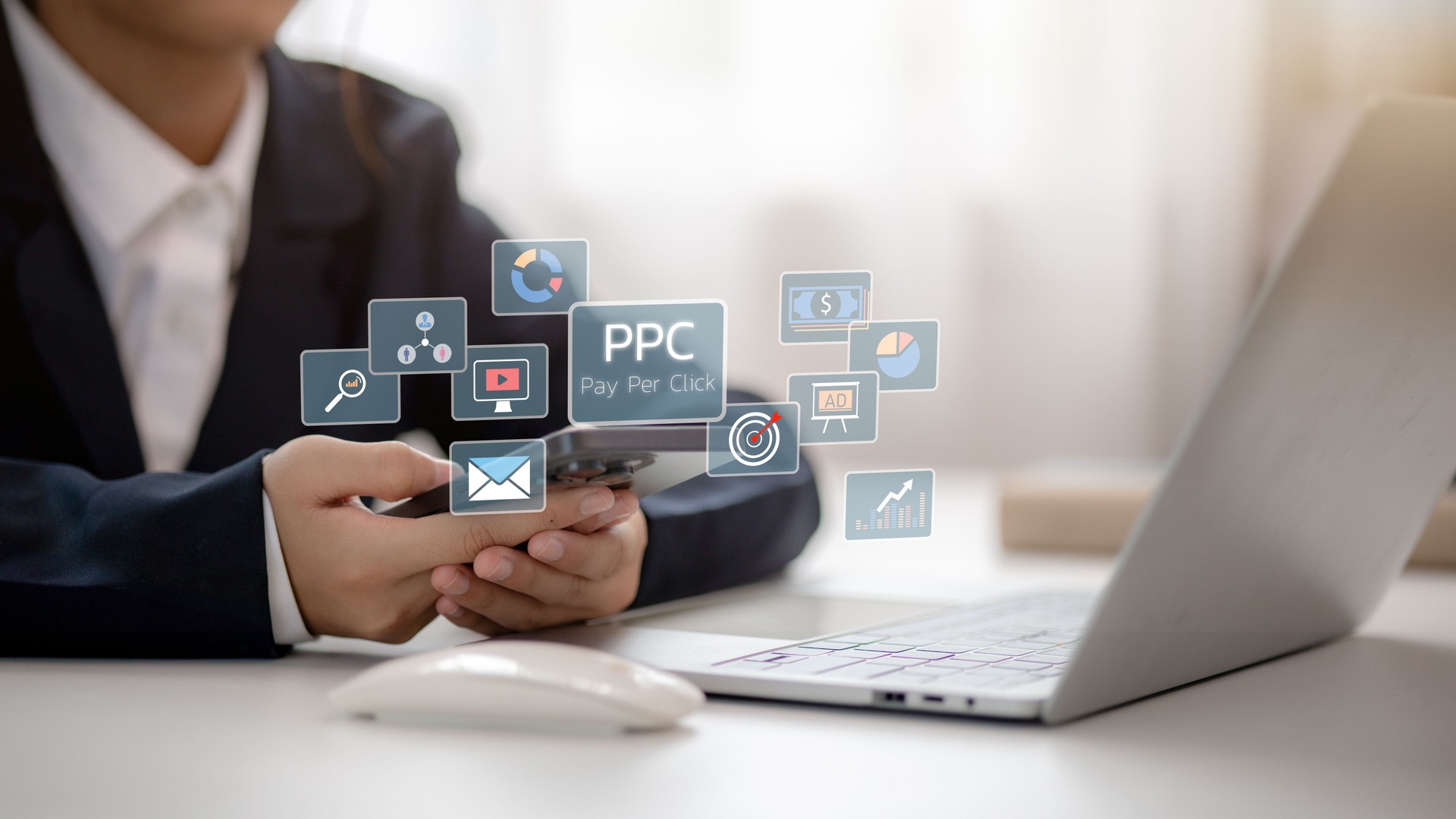 PPC - Pay Per Click concept. Businessmen working on laptops, social networks, SEO